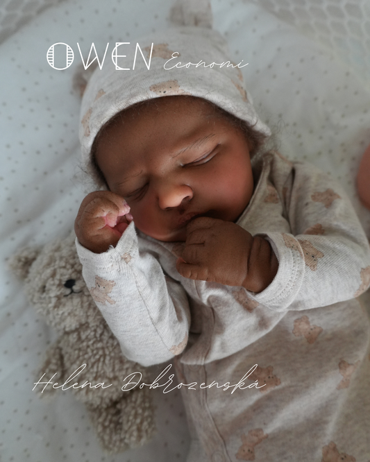 Reborn miminko tmavé pleti s kudrnatými vlasy z kitu Owen sleep - ekonomické